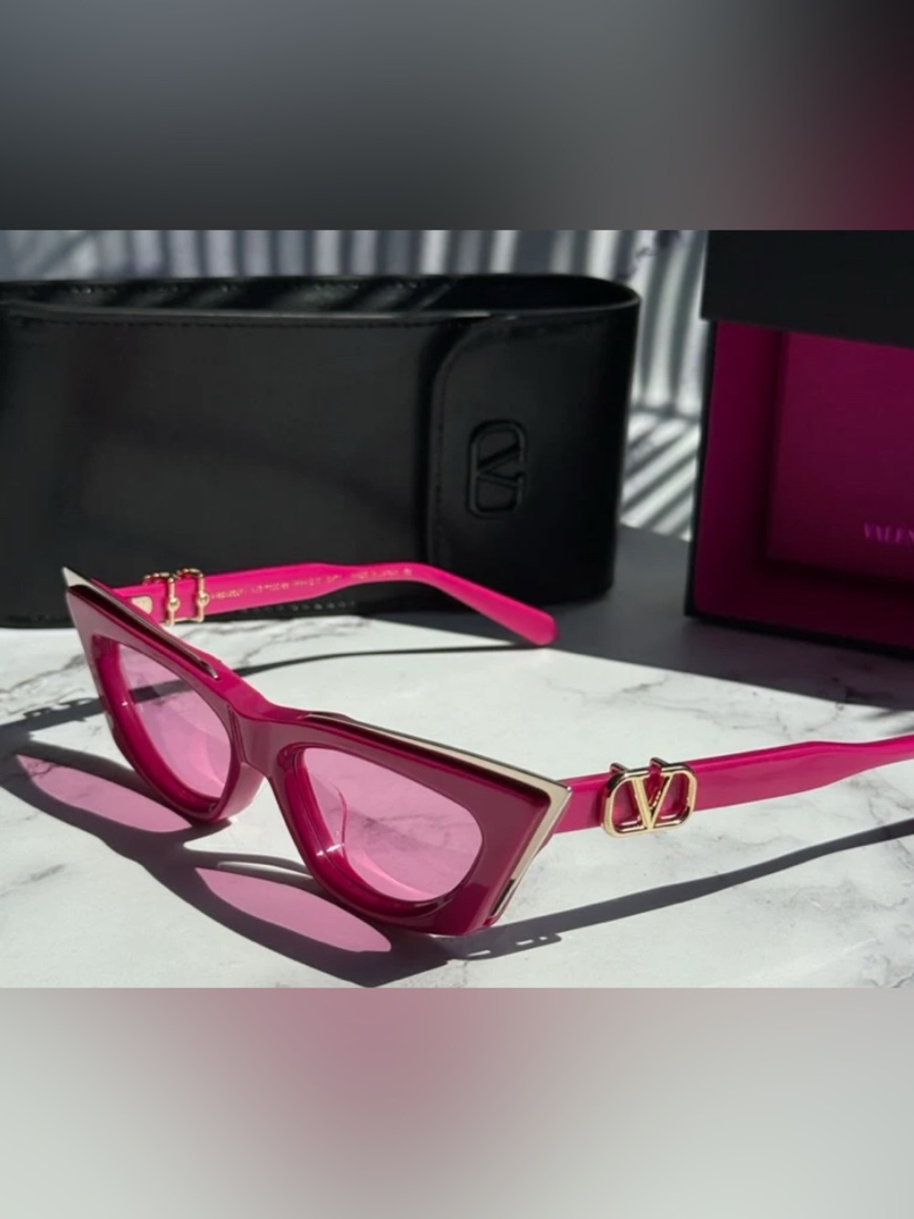 Valentino Garavani Hot Pink Cat-Eye Sunglasses with Gold Accents